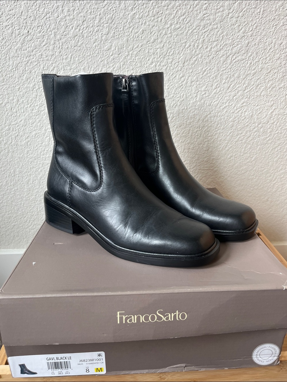 Franco Sarto Gavi Black Leather Mid-Heel Ankle Boots